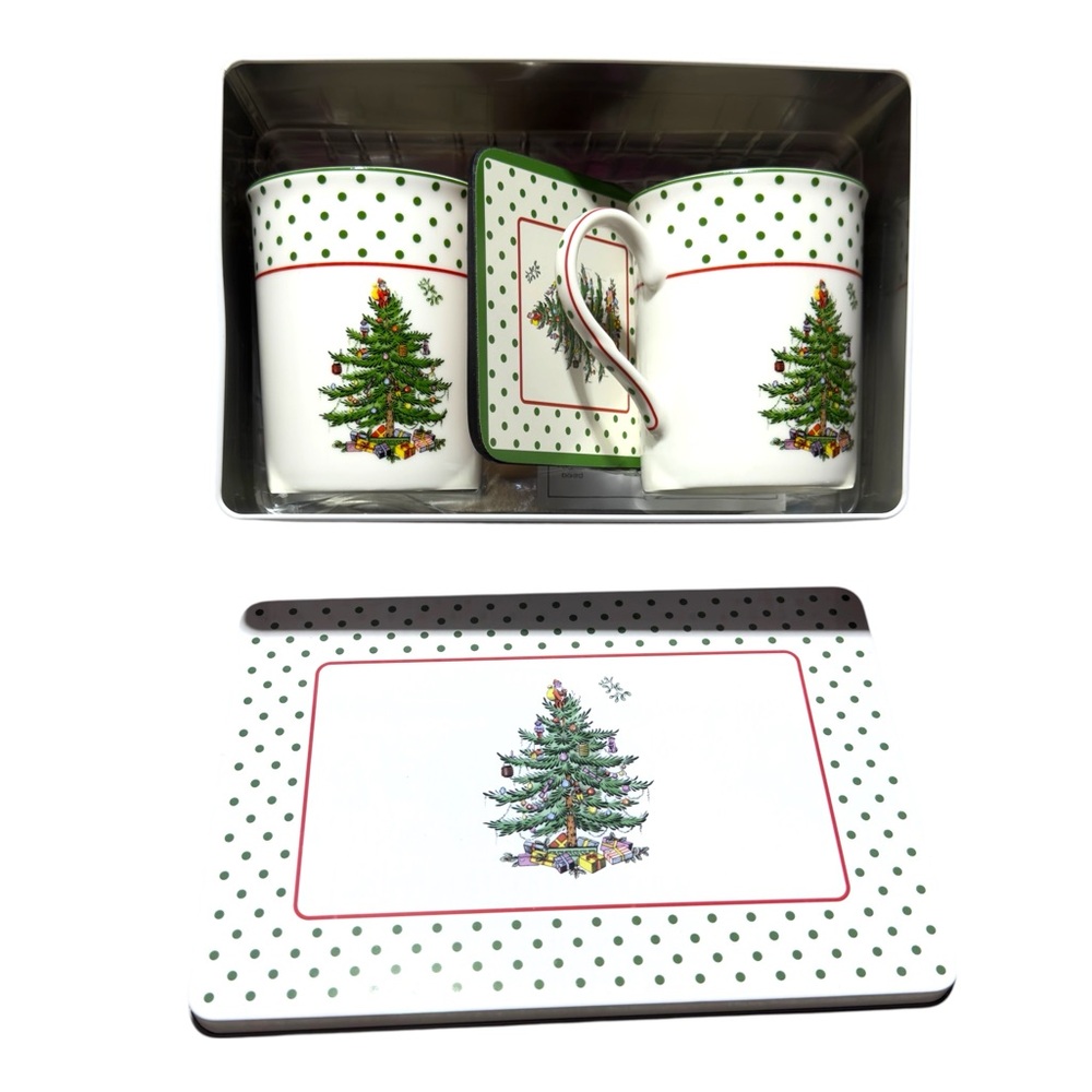 Spode Christmas Tree Polka Dot 5-Piece Mug Tin Coaster Set Earthenware Coaster
